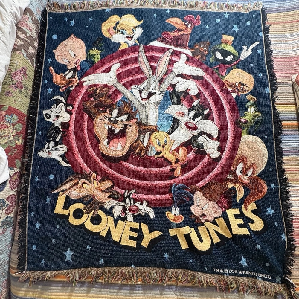 Vintage 1990s Warner Bros Looney Tunes Woven Tapestry Throw Blanket Bugs Bunny
